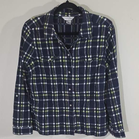 Christopher & Banks Navy Plaid Button Down Shirt - Picture 1 of 7